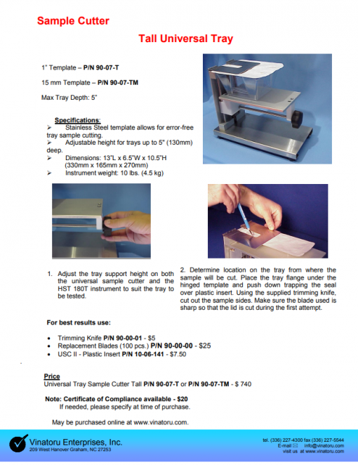 catalog for sample cutter universal tray, tall